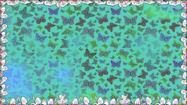 Renkli folklorlu, kelebekli kusursuz desen. Yeşil ve mavi arka planda renkli kelebekler. Paketleme, kağıt, kumaş için uygun.