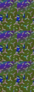 Yeşil, mavi ve menekşe renkleri üzerine şirin soyut kar taneleri raster tasarımı. Düz kar karalama ikonları, yılbaşı afişi için kar taneleri silueti, kartlar. Yeni yıl kar tanesi.