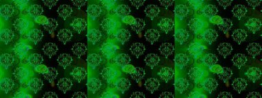 Tişörtsüz arka plan deseni. Tropik çiçekler. Çiçekler yeşil, siyah ve mavi renkte.