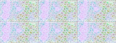 Kart, Davetiye ve Yazdırma için Şirin Kadınsı Desen. Raster Arkaplanı gri ve nötr renklerde. Renkli Kelebeklerle Bahar Arkaplanı. Güzel Kelebek Siluetleriyle Moda Dekorasyonu.