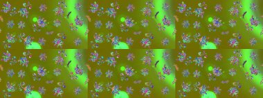 Çiçek duvar kağıdı. Çizim kalıbı. Renkli süs kenarı. Yeşil renklerde. Raster illüstrasyonu. Hint süsü..
