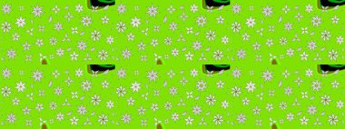 Renkli desenli eskiz deseni, yeşil çiçekler ve dekoratif elementlerle. Raster illüstrasyonu. Kumaş, tekstil, duvar kağıdı baskısı için. Eskiz geçmişi. Antika retro tarzı.