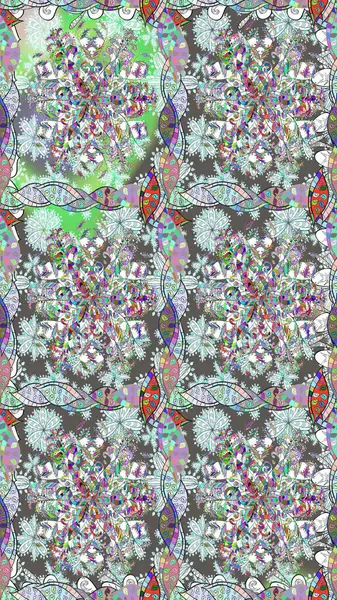 Tarafsız renklerde çok renkli, zarif küçük çiçekler ve komik böcekler, raster deseni, illüstrasyon.