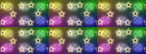 Kar tanelerinin soyut arkaplanlı Noel şablonu. Yeşil, nötr ve mor kar taneleri. Raster illüstrasyonu. Noel ve Yeni Yıl moda baskıları için tatil tasarımı.