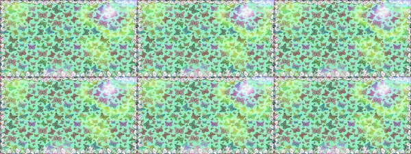 Raster illüstrasyonu. Tekstil, duvar kâğıtları, web sayfası arkaplanları ve yüzey dokuları için mükemmel. Mavi ve nötr renklerdeki renkli kelebeklerin kusursuz arka planı.