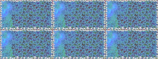 Dekoratif Raster çizimi. Renkli romantik kelebekler kusursuz desenli arka plan. Mavi renklerin soyut arkaplanı. Elle çizilmiş kelebeklerle.