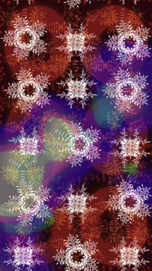 Raster illüstrasyonu. Bokeh kahverengisi, mor ve kırmızı ve kar taneleriyle dekoratif Noel arkaplanı.