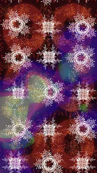 Raster illüstrasyonu. Bokeh kahverengisi, mor ve kırmızı ve kar taneleriyle dekoratif Noel arkaplanı.