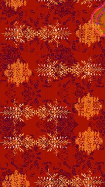 Kırmızı, turuncu ve mor papatyalardan oluşan kırmızı, turuncu ve mor bir desen. Kırmızı, turuncu ve mor renklerde. Raster illüstrasyonu.