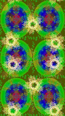 Soyut duvar kâğıdı, ambalaj dekorasyonu. Yeşil, mavi ve sarı renklerde şirin kar taneleri. Basit bir kar tanesi. Kışın sembolü, mutlu noeller, mutlu yeni yıl kutlaması Raster illüstrasyonu..