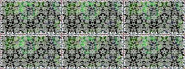 Eski usul. Renkli desenli, gri çiçekli ve dekoratif elementli kusursuz desen. Raster illüstrasyonu. Kusursuz bir geçmişi var. Kumaş, tekstil ve duvar kağıdı baskısı için..