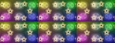 Kar tanelerinin soyut arkaplanlı Noel şablonu. Yeşil, nötr ve mor kar taneleri. Raster illüstrasyonu. Noel ve Yeni Yıl moda baskıları için tatil tasarımı.