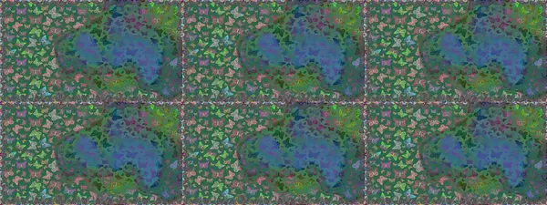 Kusursuz. Egzotik hayvanlar. Raster illüstrasyonu. Kumaş, kağıt, ambalaj kâğıdı ve duvar kağıdı tasarımı için harika bir arka plan. Mavi ve yeşil kelebekler.