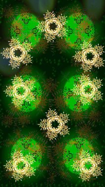 Yeşil, mavi ve gri kar taneleri. Kar tanelerinin soyut arkaplanlı Noel şablonu. Raster illüstrasyonu. Noel ve Yeni Yıl moda baskıları için tatil tasarımı.