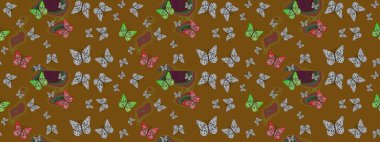 Raster. Kumaş, tekstil, baskı ve davetiye örnekleri. Doğadaki güzellik. Kahverengi arka planda uçan güzel kelebek. Çizim deseni.