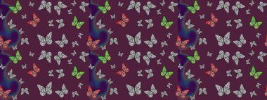 Kelebekli parlak eskiz deseni. Moda Kumaşı Tasarımı. Kahverengi renkli resim. Raster illüstrasyonu.