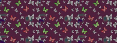 Watercolor Style 'da uçan kelebeklerle eskiz kalıbı. Kumaş, Tekstil, Baskı ve Davetiye için arka plan. Raster illüstrasyonu. Doğada Güzellik.