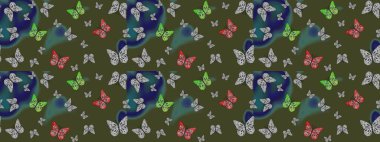 Raster illüstrasyonu. Yeşil renkli sanat kelebekleri. Renkli kelebeklerin eskiz geçmişi. Koleksiyon Defteri için Resim.