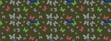 Yeşil üzerine güzel bir kelebek kumaşı çizimi. Sonsuz. Giysi kumaşı için böcek dokusu parçası tekrarlanıyor. Bahar Kelebeği teması. Çizim, karalama, karalama. Raster illüstrasyonu.