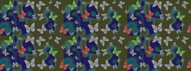 Güzel Kelebek Siluetleriyle Moda Dekorasyonu. Basit Kadınsı Kart, Davetiye, Yazdırma Kalıbı. Kelebeklerle dolu yaz arkaplanı yeşil renkler. Güveli Raster Arkaplanı.