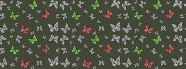 Kelebekli çizim şekli. Bahar ve yaz tasarımı için renkli bir arkaplan. Elle çizilmiş illüstrasyon. Raster renklendirilmiş sonsuz doku.