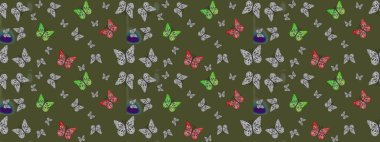 Davetiye, kart ve parmak izi için basit şirin bir model. Kelebeklerle dolu renkli bir halk eskizi çizimi. Yeşil arka planda renkli kelebek.