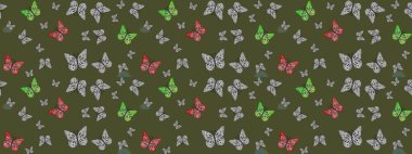 Yeşil arka planda güzel renkli kelebeklerin Raster vintage el çizimi. Moda sevimli kumaş tasarımı. Raster illüstrasyonu.