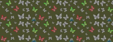 Raster. Renkli kelebeklerin güzel arka planı. Elle çizilmiş illüstrasyon. Giysiler, erkekler, kızlar ve duvar kağıtları için soyut çizim kalıbı.