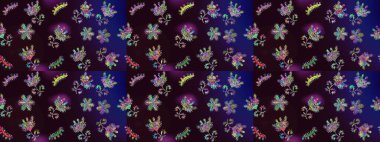 Çiçekli karalama şeklinde Raster çiçek deseni. Kahverengi, mavi ve siyah renklerde bahar çiçekleri. Raster illüstrasyonu.