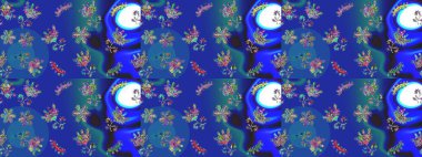 Düz yatıyordu. Mavi, mor ve yeşil renkte kar tanelerinden oluşan kış deseni. Raster illüstrasyonu. Kış konsepti.