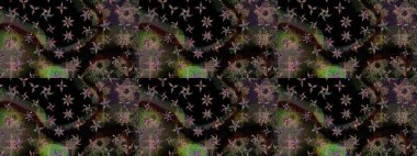 Çiçeksiz desenli, suluboya elle çizilmiş elementler. Parlak renkli fantezi çiçekleri, yapraklar, siyah renkli tomurcuklar.