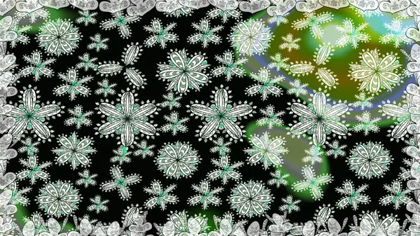 Raster illüstrasyonu. Siyah renklere karalamalar çizen kusursuz çiçek deseni.