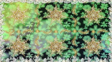 Damask altın soyut çiçek yeşil renklerde pürüzsüz desen. Süslü dekorasyon. Raster illüstrasyonu.