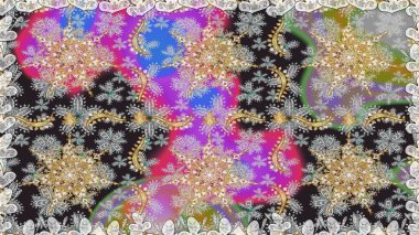 Altın elementli gri renkler. Çiçek desenli altın metal. Kusursuz altın desen. Raster altın çiçek süsü brokar kumaş ve cam desenli..