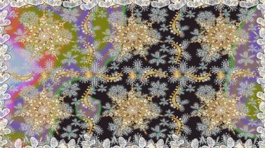 Klasik oryantal desen gri renklerden üstündür. Damask pürüzsüz süsü. Geleneksel raster ve altın desen.