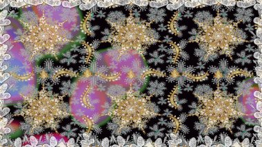 Kına dövmeli süs çiçekleri, altın çıkartmalar, mehndi ve yoga tasarımı, kartlar ve parmak izleri. Raster Golden Mehndi kusursuz desen. Gri renklerde desen.