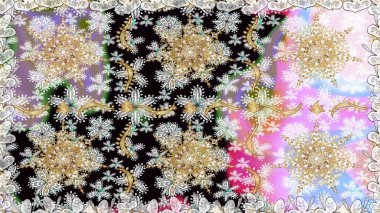 Kusursuz altın desenli bukleler. Raster. Parlak dantel, stilize çiçekler, şal desenli. Tarafsız renklerde, altın elementlerle kusursuz desen. Hassas altın deseni açın. Doğu tarzı arabesk.