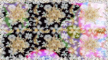 İslam tasarımı. Çiçek kiremitleri. Raster altın tekstil baskısı. Altın elementlerle nötr renklerde altın desen. Kusursuz desenli oryantal süs.