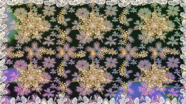 Altın karalama fantezi yapraklarından ve gri renkli çiçeklerden Raster soyut çiçek çelengi. El yapımı dekoratif çerçeve, albüm kapağı, tebrik kartı, klasik Art deco tarzı.