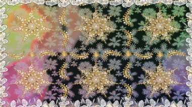 Raster altın tekstil baskısı. Çiçek kiremitleri. Gri renkli ve altın elementli altın desenli. Kusursuz desenli oryantal süs. İslam tasarımı.