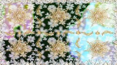 Süslü raster dekorasyonu. Lüks, kraliyet ve Viktorya dönemi konsepti. Tarafsız renklerde altın element. Klasik barok çiçekli, nötr yerine altın desenli..