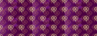 Kusursuz damaske klasik altın desen. Tekrarlayan elementlerle soyut arkaplan oluşturun. Mor, kahverengi ve bej renklerde altın rengi ve altın elementler. Raster illüstrasyonu.