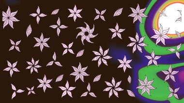 Raster çiçek desenli çiçek deseni, yapraklar, dekoratif elementler, sıçrama, lekeler, el çizimi kontur çizgileri ve Doodle çizim stili, grafik raster çizim çizimi.