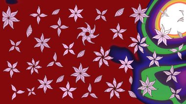 Çok renkli küçük çiçekler ve kırmızı renkli komik böcekler, raster desen, illüstrasyon.