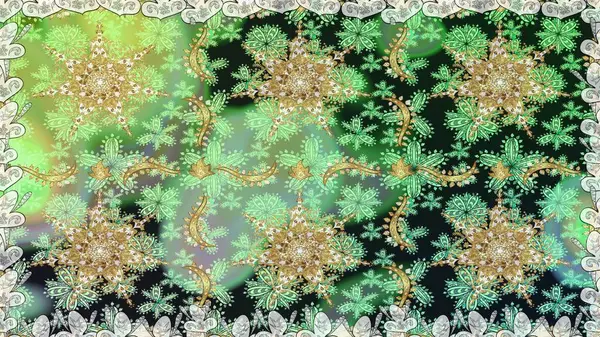 Damask altın soyut çiçek yeşil renklerde pürüzsüz desen. Süslü dekorasyon. Raster illüstrasyonu.