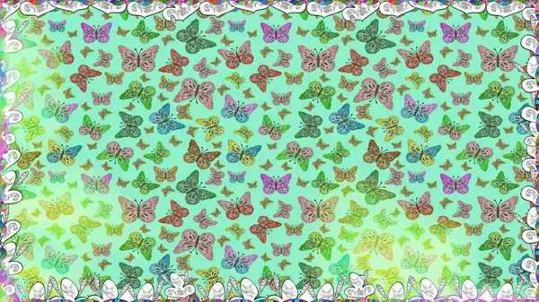 Mavi renklerin soyut arkaplanı. Renkli romantik kelebekler kusursuz desenli arka plan. Elle çizilmiş kelebeklerle. Dekoratif Raster illüstrasyonu.