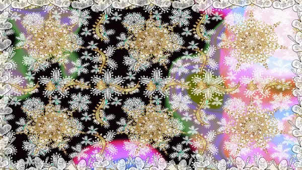 İslam tasarımı. Çiçek kiremitleri. Raster altın tekstil baskısı. Altın elementlerle nötr renklerde altın desen. Kusursuz desenli oryantal süs.