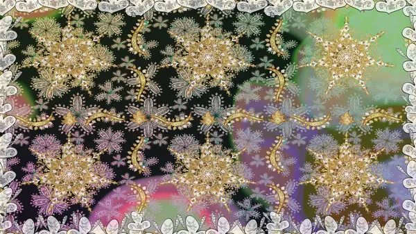 Gri renkler ve altın elementler üzerinde altın pürüzsüz desen. Gri renklerde ve altın elementlerle kusursuz klasik desen. Noel, kar tanesi, yeni yıl.