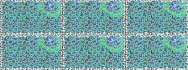 Mavi arka planda kelebek deseni var. Raster illüstrasyonu. Kumaş, kağıt, ambalaj kağıdı ve duvar kağıdı tasarımı için sevimli bir arkaplan.