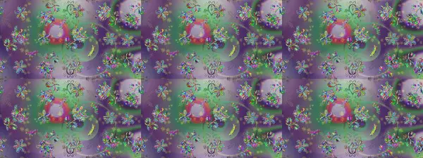 Çok yeşil, nötr ve gri zarif küçük çiçekler ve yeşil, nötr ve gri renkli komik böcekler, raster desen, illüstrasyon.